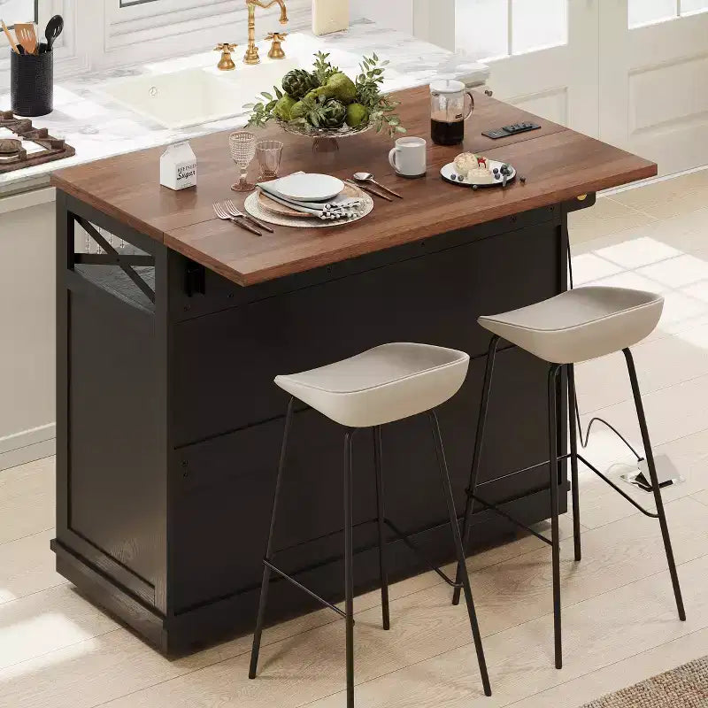 FAMYYT White Wood Grain Top 46.5 in. Kitchen Island Cart with Drape of Beads, Power Outlet, Drop Leaf, Iron Shelf, and Wheels