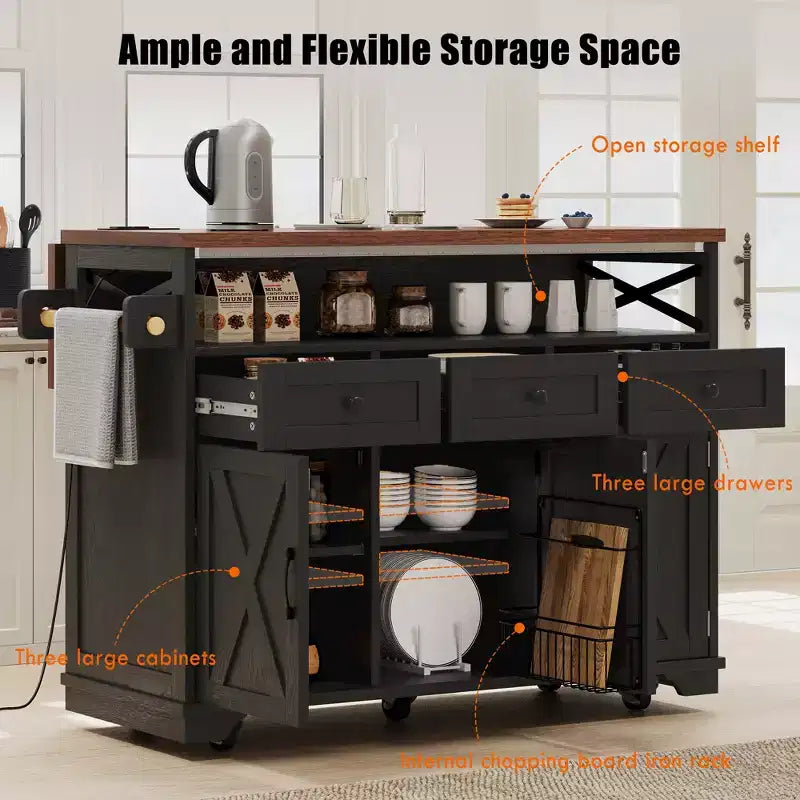 FAMYYT White Wood Grain Top 46.5 in. Kitchen Island Cart with Drape of Beads, Power Outlet, Drop Leaf, Iron Shelf, and Wheels