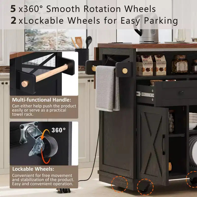 FAMYYT White Wood Grain Top 46.5 in. Kitchen Island Cart with Drape of Beads, Power Outlet, Drop Leaf, Iron Shelf, and Wheels