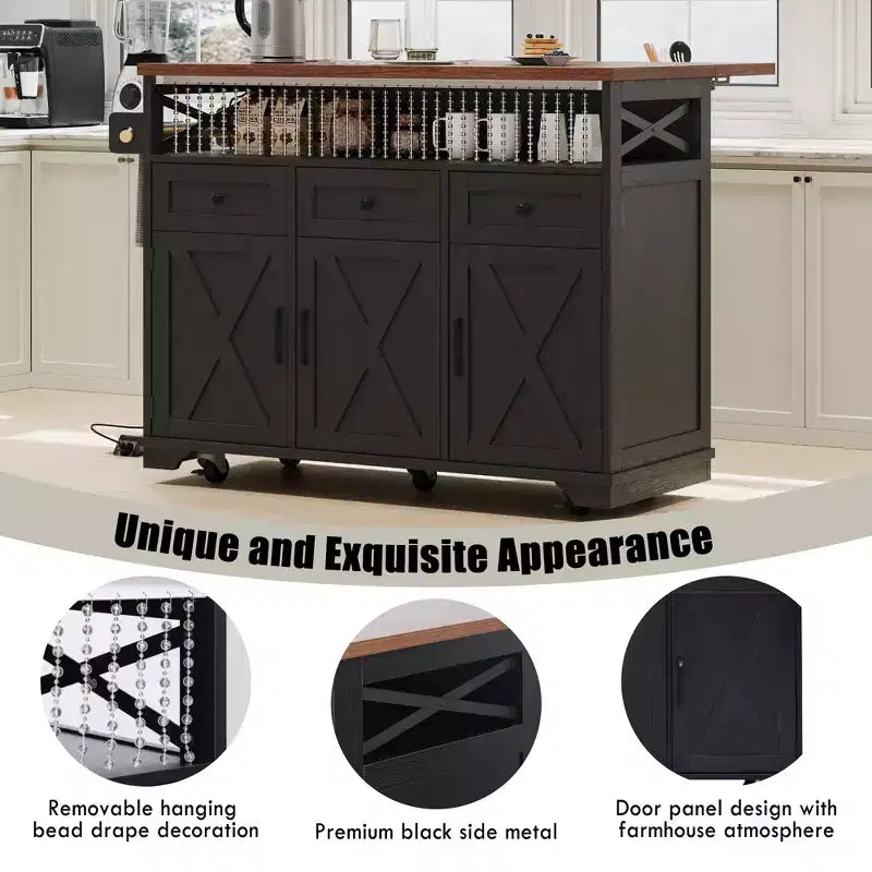 FAMYYT White Wood Grain Top 46.5 in. Kitchen Island Cart with Drape of Beads, Power Outlet, Drop Leaf, Iron Shelf, and Wheels