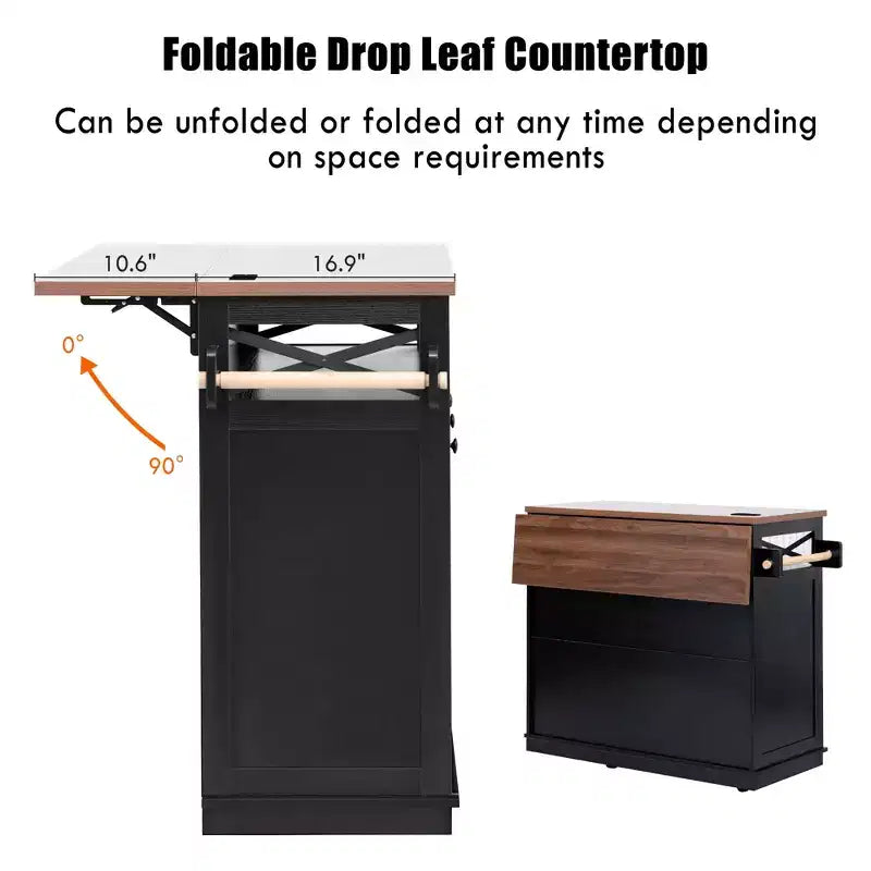 FAMYYT White Wood Grain Top 46.5 in. Kitchen Island Cart with Drape of Beads, Power Outlet, Drop Leaf, Iron Shelf, and Wheels