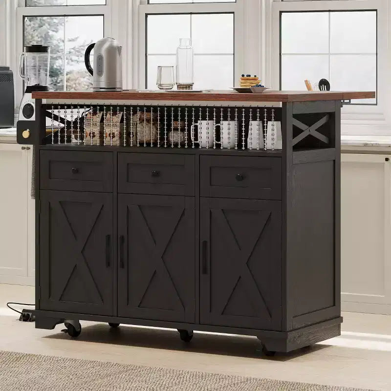 FAMYYT White Wood Grain Top 46.5 in. Kitchen Island Cart with Drape of Beads, Power Outlet, Drop Leaf, Iron Shelf, and Wheels