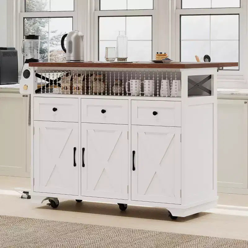 FAMYYT White Wood Grain Top 46.5 in. Kitchen Island Cart with Drape of Beads, Power Outlet, Drop Leaf, Iron Shelf, and Wheels