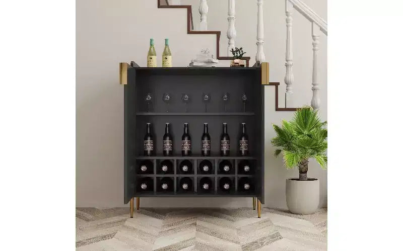 TUYOHW 2-Door Buffet Cabinet, Engineered Wood Sideboard Cabinet with Adjustable Shelves, Home Bar Cabinet with Rack & Adjustable Storage Shelf