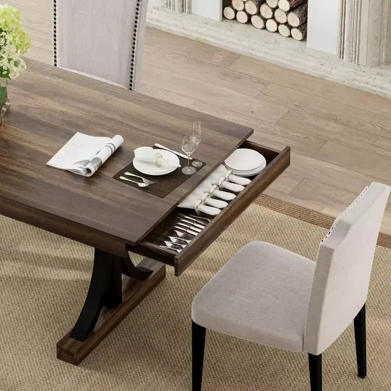 COZONY 71 Dining Table with Two Drawers, Rectangular Wooden Kitchen Table for 6-8, Double Pedestal Base
