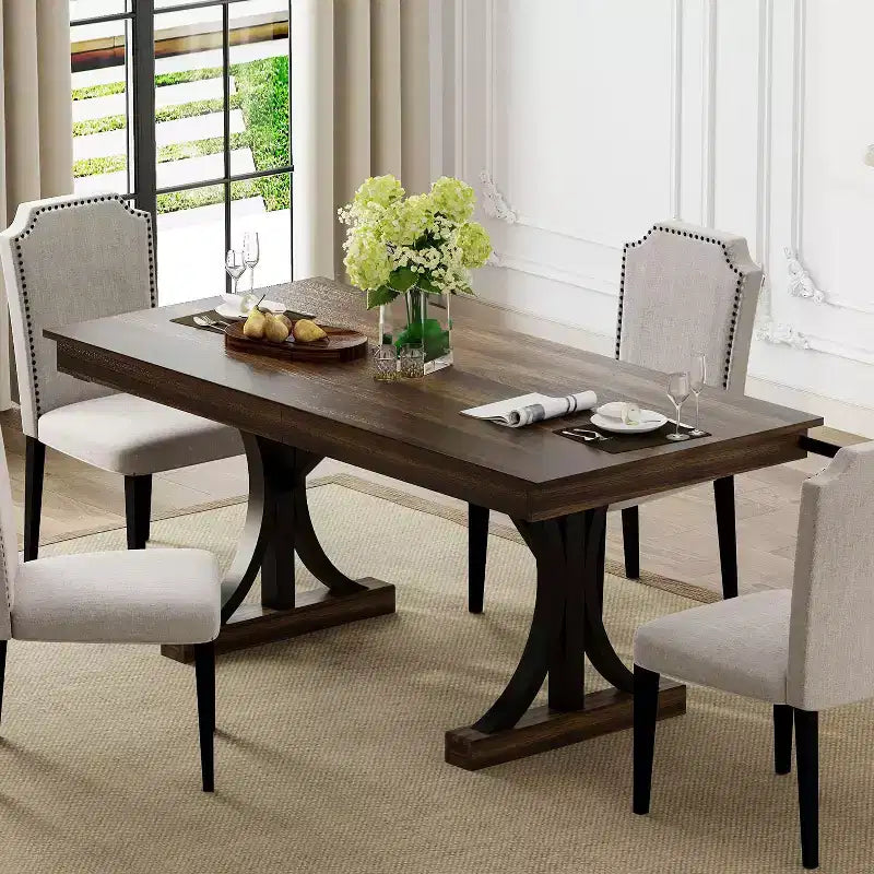 COZONY 71 Dining Table with Two Drawers, Rectangular Wooden Kitchen Table for 6-8, Double Pedestal Base