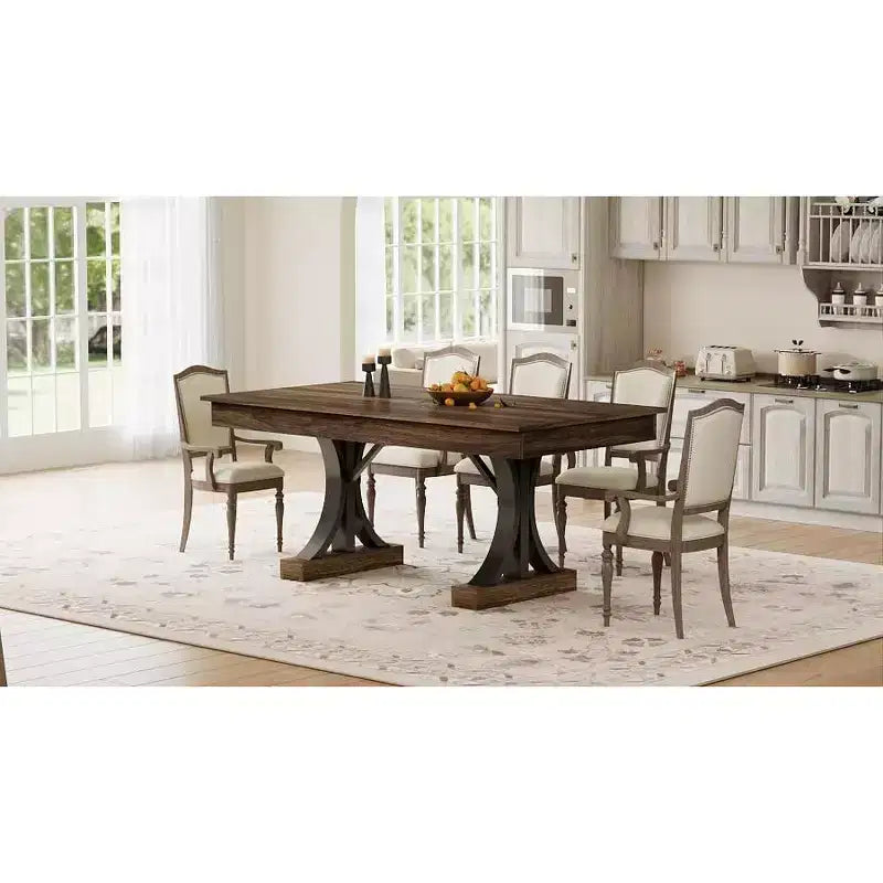 COZONY 71 Dining Table with Two Drawers, Rectangular Wooden Kitchen Table for 6-8, Double Pedestal Base