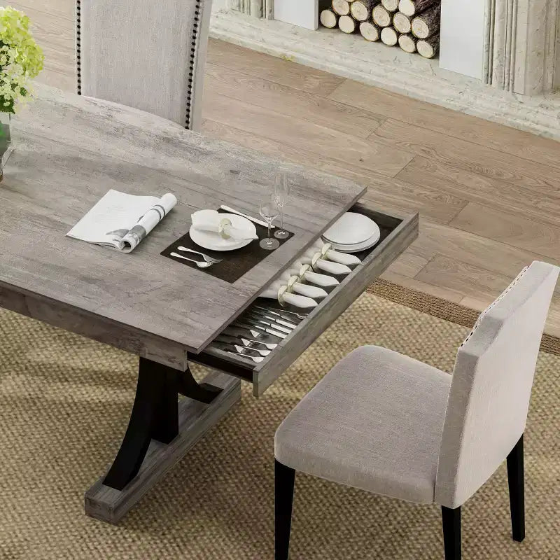 COZONY 71 Dining Table with Two Drawers, Rectangular Wooden Kitchen Table for 6-8, Double Pedestal Base