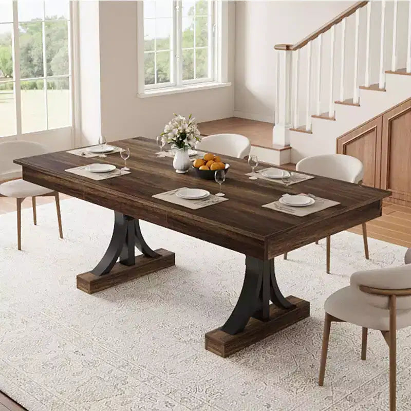 COZONY 71 Dining Table with Two Drawers, Rectangular Wooden Kitchen Table for 6-8, Double Pedestal Base