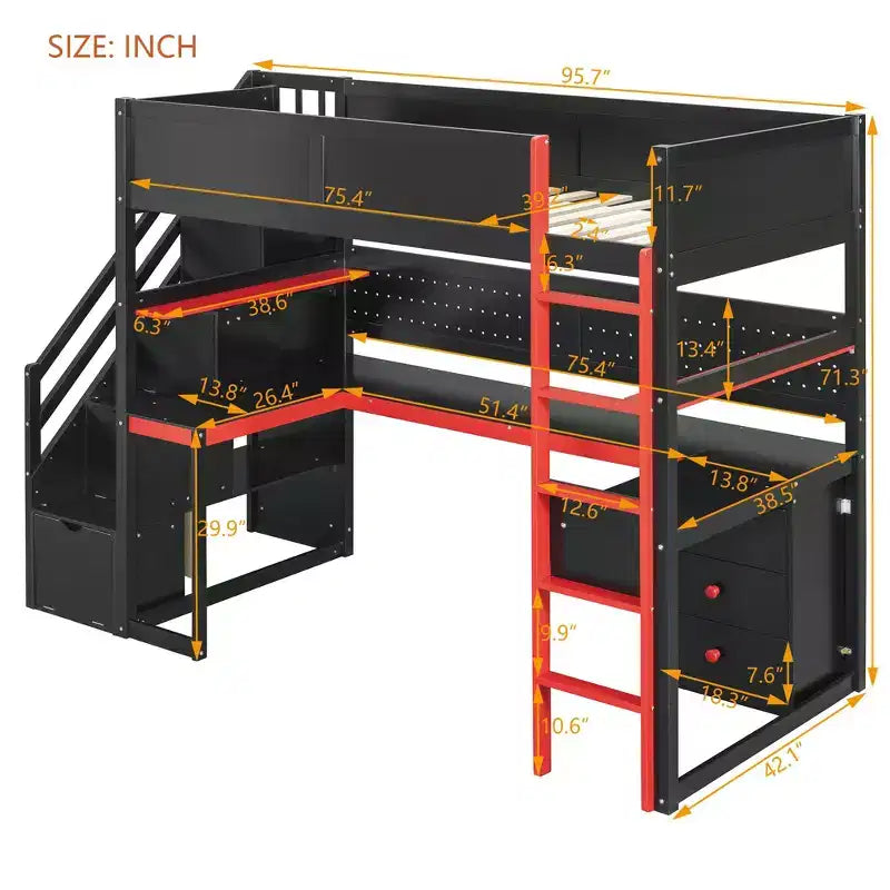 Luxystar Modern Twin Size Loft Bed With Storage Stairs, U Shaped Desk, Drawers And Pegboard