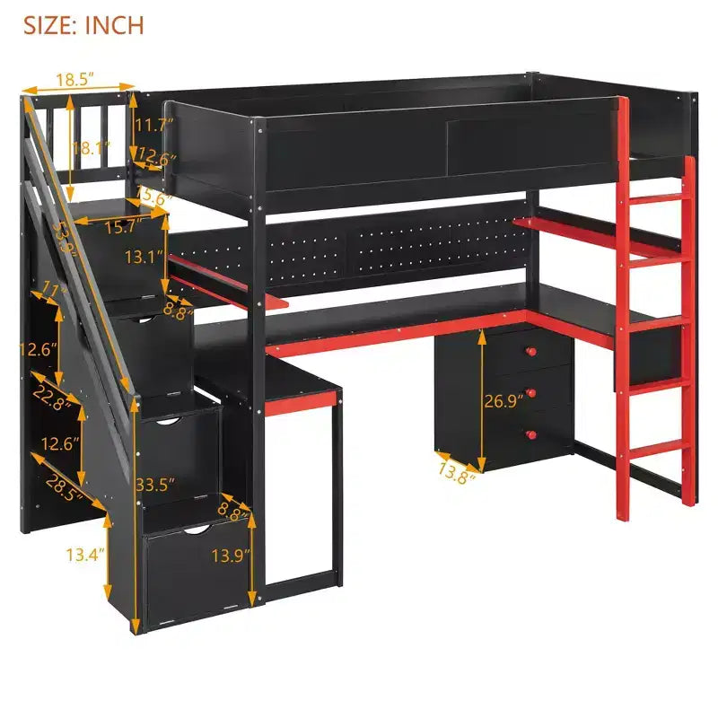 Luxystar Modern Twin Size Loft Bed With Storage Stairs, U Shaped Desk, Drawers And Pegboard