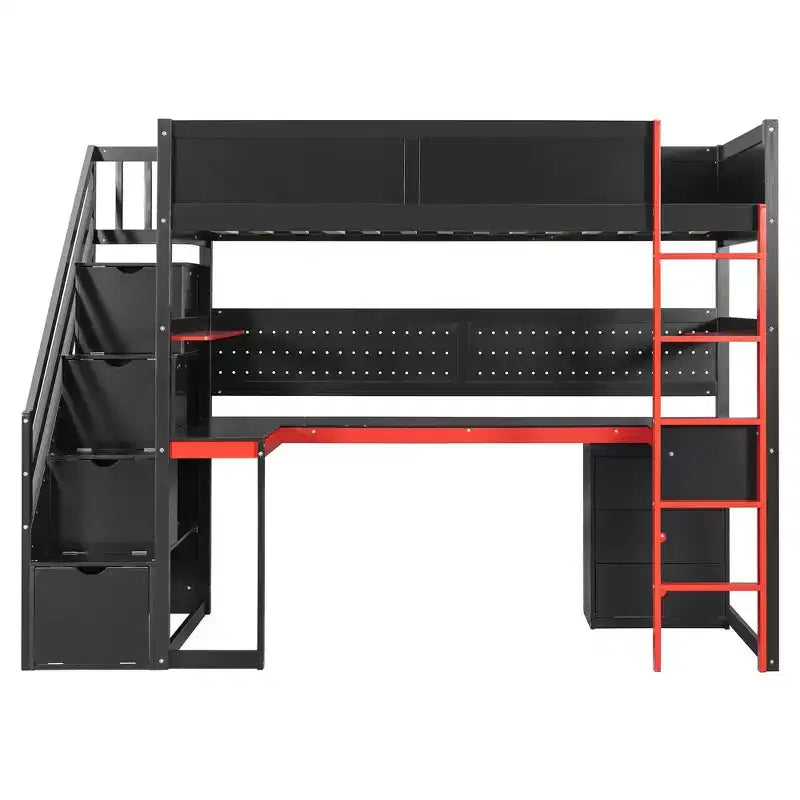 Luxystar Modern Twin Size Loft Bed With Storage Stairs, U Shaped Desk, Drawers And Pegboard