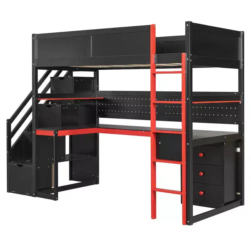 Luxystar Modern Twin Size Loft Bed With Storage Stairs, U Shaped Desk, Drawers And Pegboard
