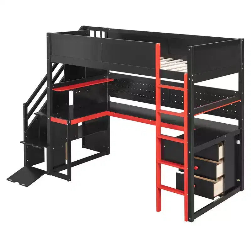 Luxystar Modern Twin Size Loft Bed With Storage Stairs, U Shaped Desk, Drawers And Pegboard