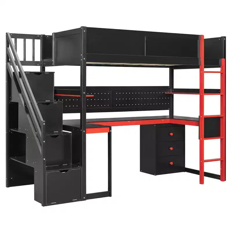 Luxystar Modern Twin Size Loft Bed With Storage Stairs, U Shaped Desk, Drawers And Pegboard