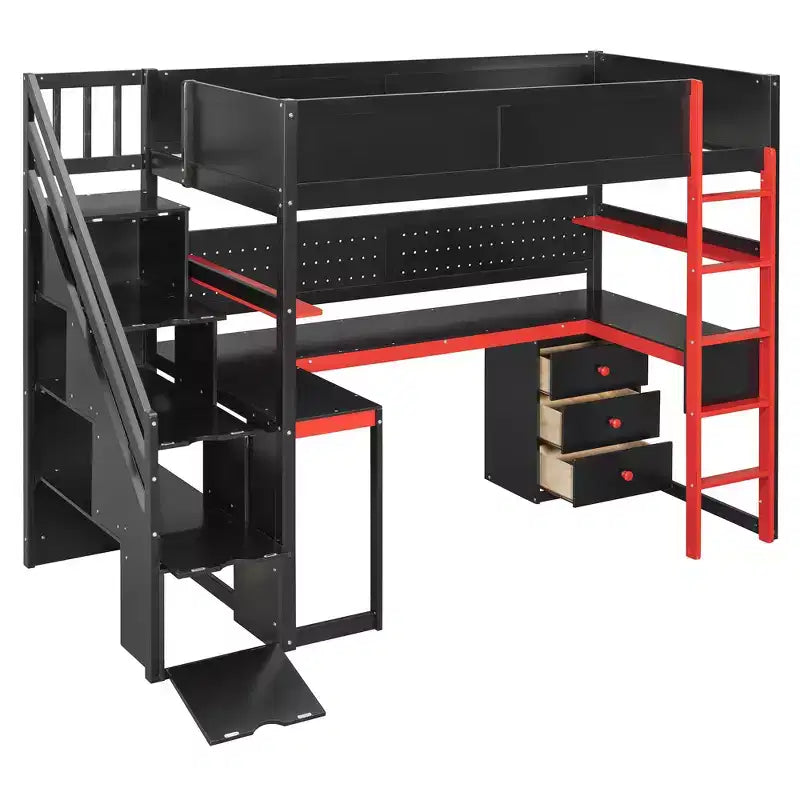 Luxystar Modern Twin Size Loft Bed With Storage Stairs, U Shaped Desk, Drawers And Pegboard