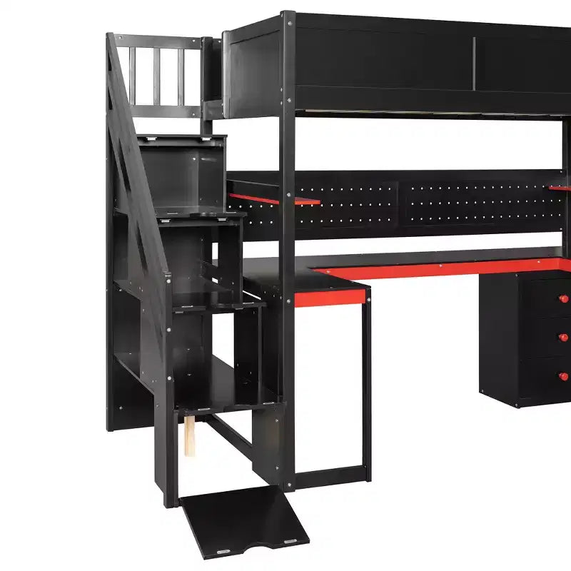 Luxystar Modern Twin Size Loft Bed With Storage Stairs, U Shaped Desk, Drawers And Pegboard