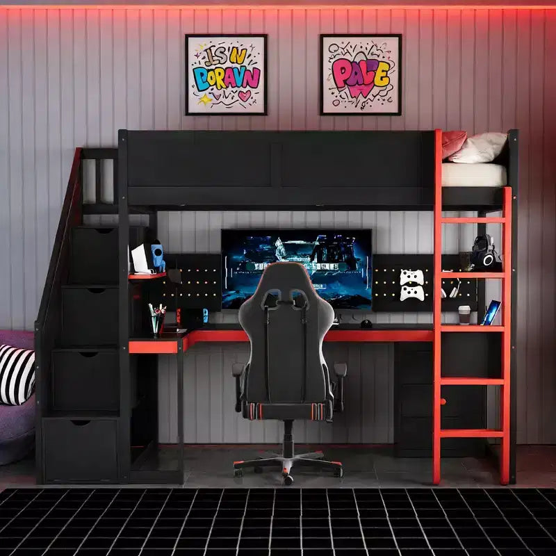 Luxystar Modern Twin Size Loft Bed With Storage Stairs, U Shaped Desk, Drawers And Pegboard