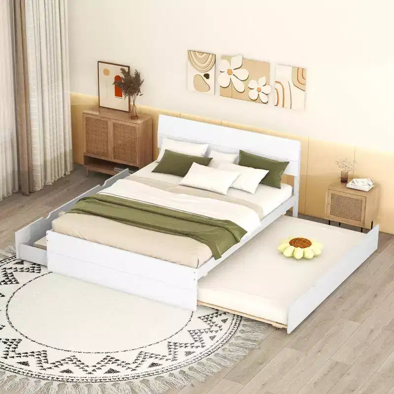 Full Size Platform Bed Frame with Twin Trundle & 2 Drawers, Wood Slat Support, No Box Spring Needed for Guestroom Small Space