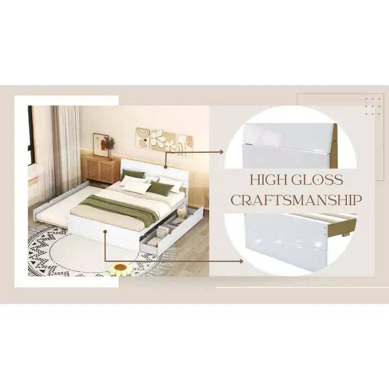 Full Size Platform Bed Frame with Twin Trundle & 2 Drawers, Wood Slat Support, No Box Spring Needed for Guestroom Small Space
