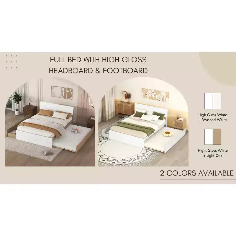 Full Size Platform Bed Frame with Twin Trundle & 2 Drawers, Wood Slat Support, No Box Spring Needed for Guestroom Small Space