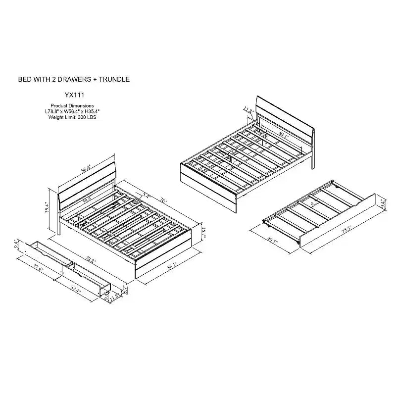 Full Size Platform Bed Frame with Twin Trundle & 2 Drawers, Wood Slat Support, No Box Spring Needed for Guestroom Small Space