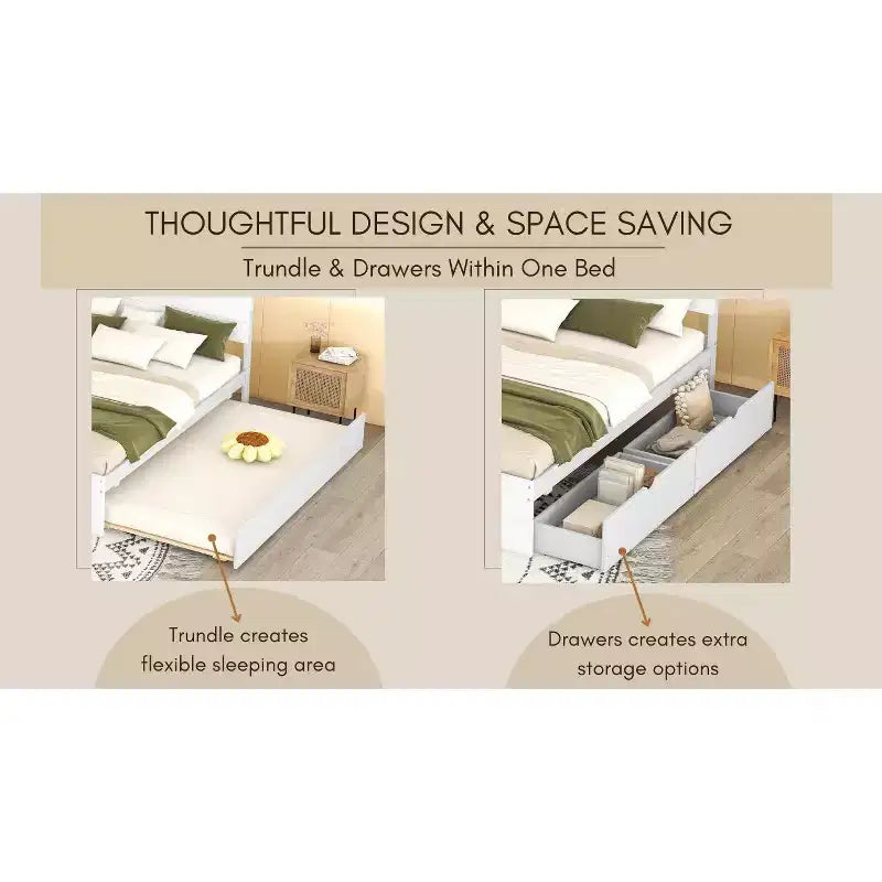Full Size Platform Bed Frame with Twin Trundle & 2 Drawers, Wood Slat Support, No Box Spring Needed for Guestroom Small Space
