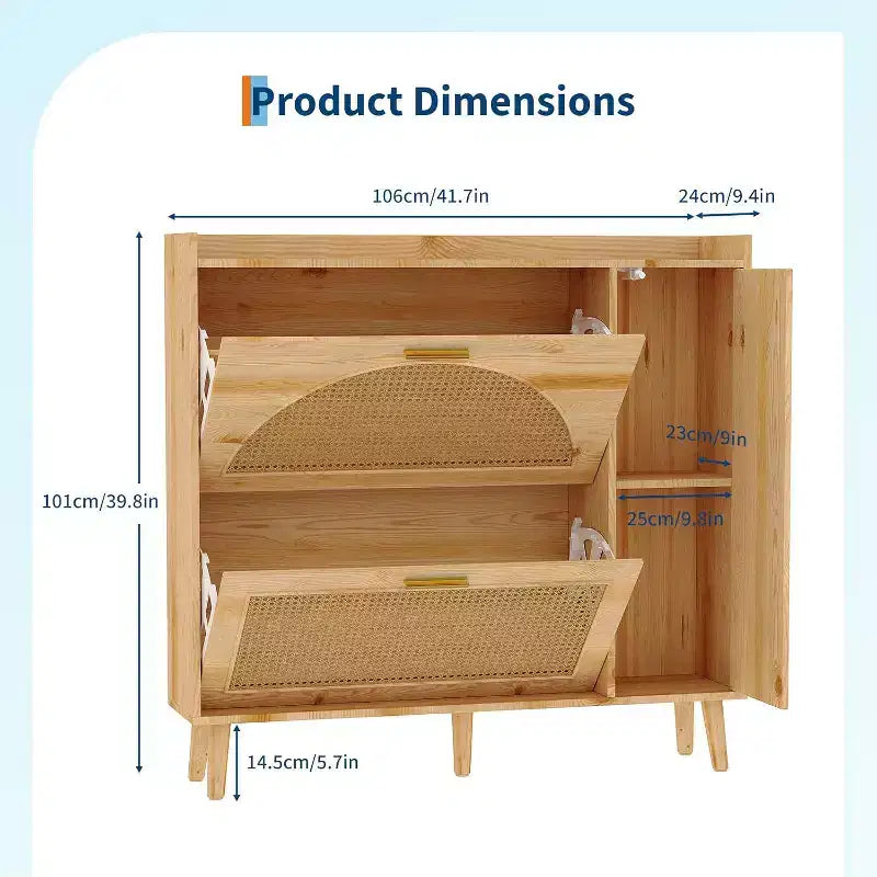 Natural Rattan Shoe Storage Cabinet, Freestanding Hidden Shoe Rack Cabinet with 2 Flip Drawers, Mirror & Adjustable Shelves for Entryway