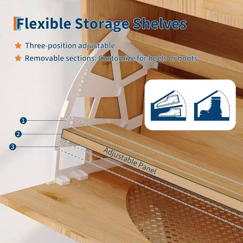 Natural Rattan Shoe Storage Cabinet, Freestanding Hidden Shoe Rack Cabinet with 2 Flip Drawers, Mirror & Adjustable Shelves for Entryway