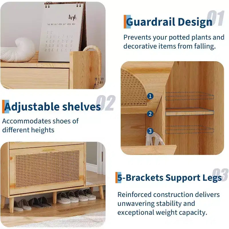 Natural Rattan Shoe Storage Cabinet, Freestanding Hidden Shoe Rack Cabinet with 2 Flip Drawers, Mirror & Adjustable Shelves for Entryway