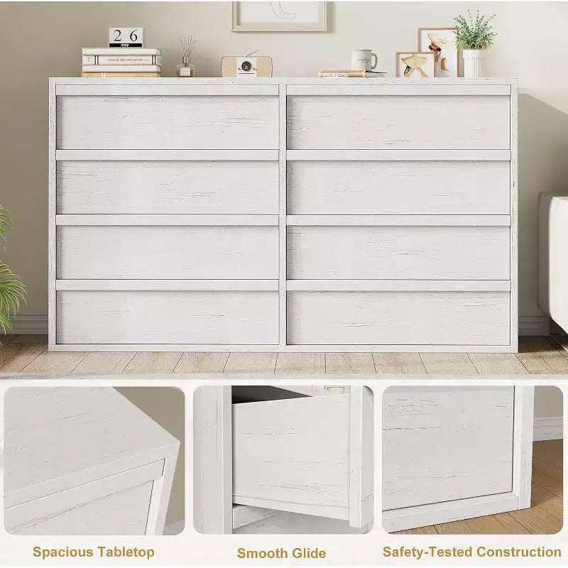 6 Drawer Dresser for Bedroom, 54in Wide Antique White 7 Chest of Drawers with Large Storage, Wooden Dresser Organizer for Living Room