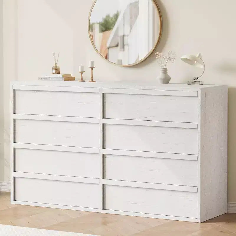 6 Drawer Dresser for Bedroom, 54in Wide Antique White 7 Chest of Drawers with Large Storage, Wooden Dresser Organizer for Living Room
