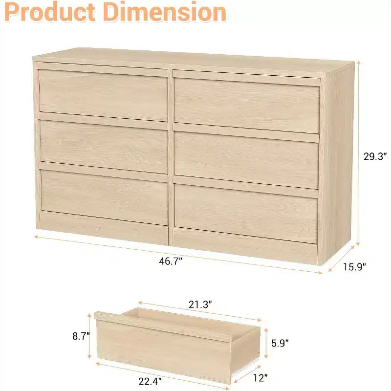 6 Drawer Dresser for Bedroom, 54in Wide Antique White 7 Chest of Drawers with Large Storage, Wooden Dresser Organizer for Living Room