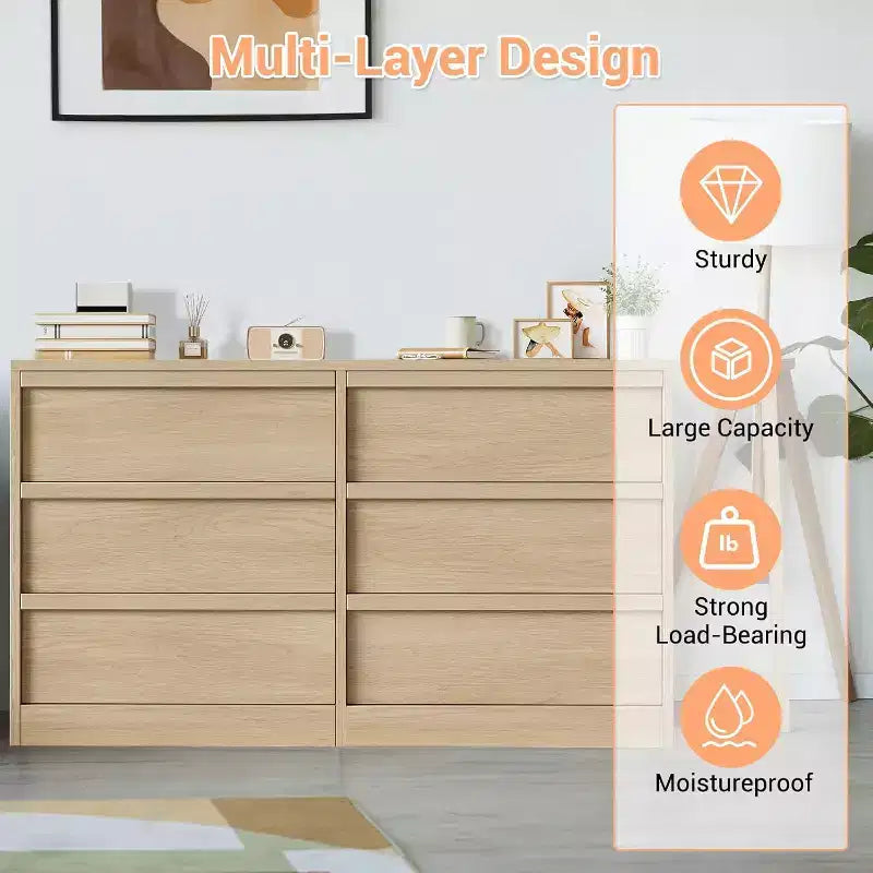 6 Drawer Dresser for Bedroom, 54in Wide Antique White 7 Chest of Drawers with Large Storage, Wooden Dresser Organizer for Living Room