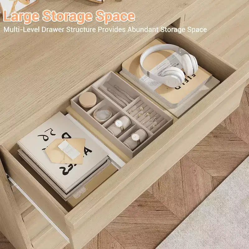 6 Drawer Dresser for Bedroom, 54in Wide Antique White 7 Chest of Drawers with Large Storage, Wooden Dresser Organizer for Living Room