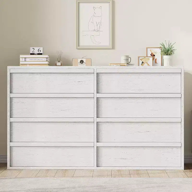 6 Drawer Dresser for Bedroom, 54in Wide Antique White 7 Chest of Drawers with Large Storage, Wooden Dresser Organizer for Living Room