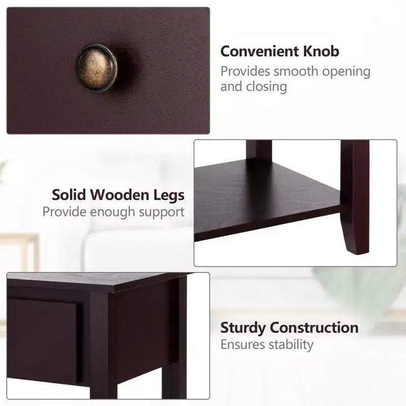 Costway 2PCS Nightstand Sofa End Side Table W/ Storage Drawer Bottom Shelf Espresso