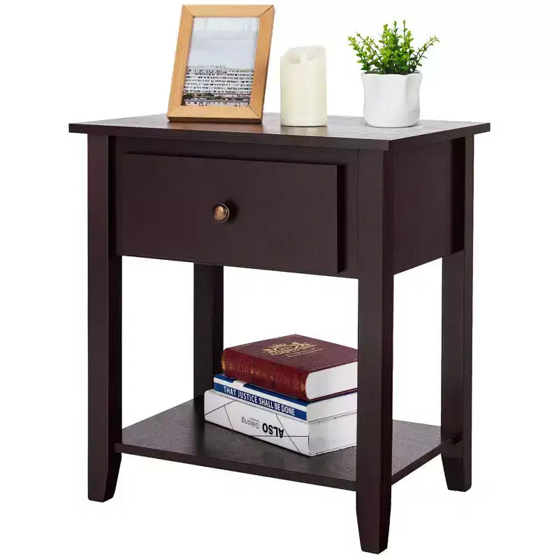 Costway 2PCS Nightstand Sofa End Side Table W/ Storage Drawer Bottom Shelf Espresso