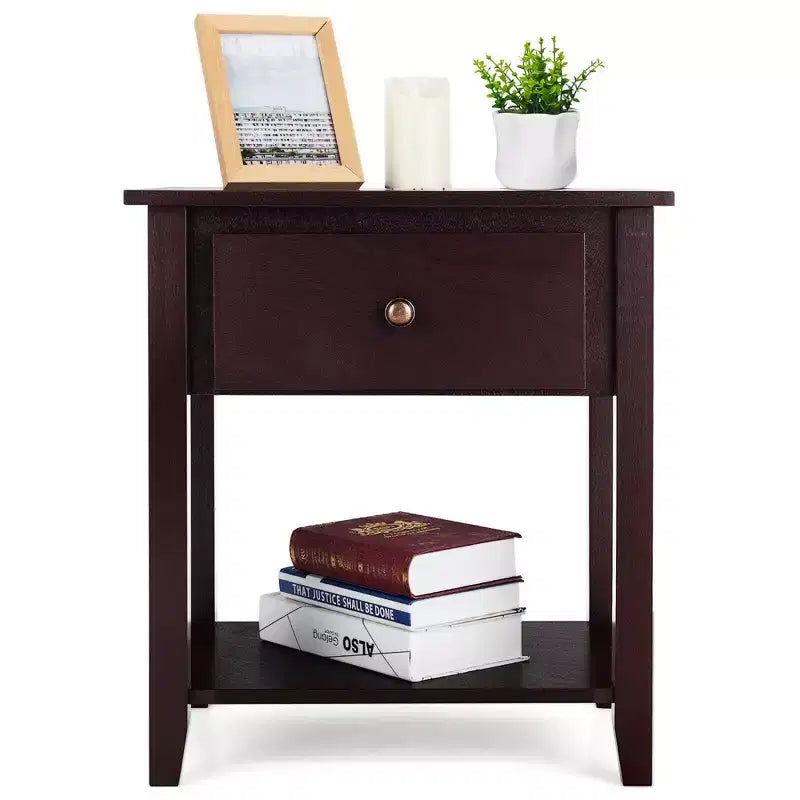 Costway 2PCS Nightstand Sofa End Side Table W/ Storage Drawer Bottom Shelf Espresso
