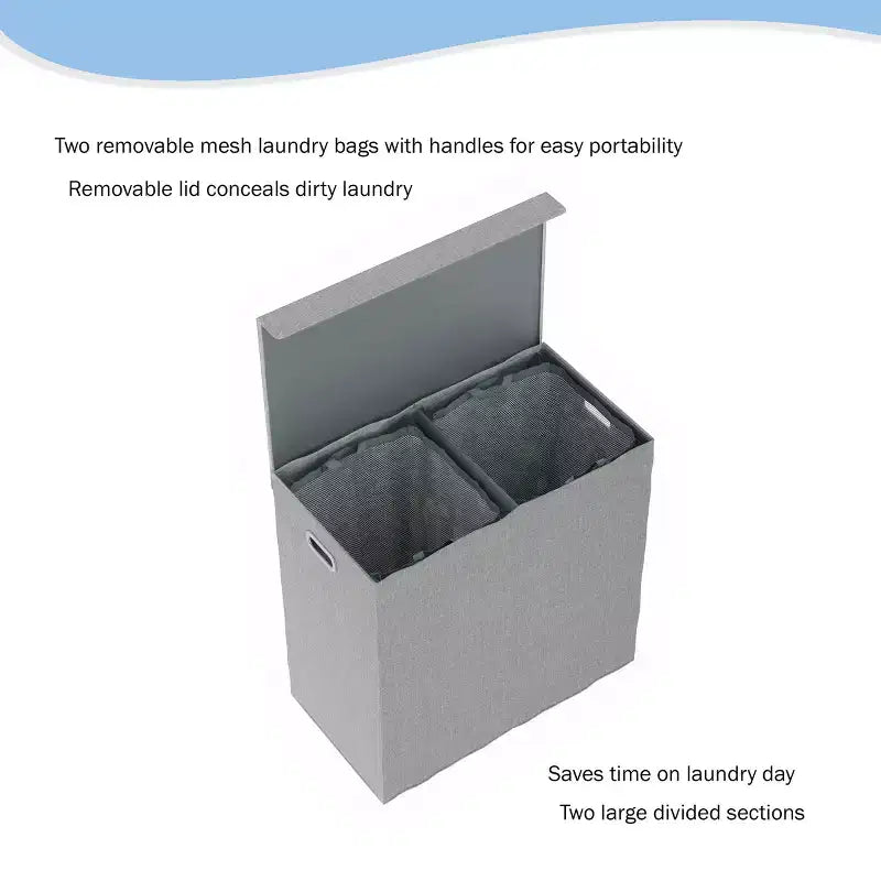 Hastings Home Collapsible Double Laundry Hamper / 2-Section Clothing Sorter With Removable Lid and Mesh Liner Bags - 25.5 x 14.5, Gray