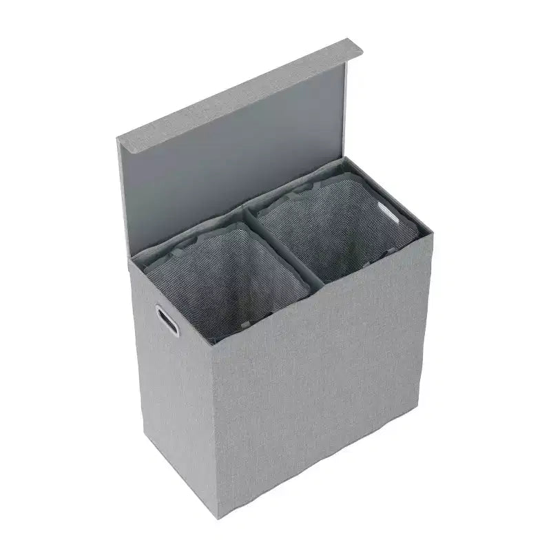 Hastings Home Collapsible Double Laundry Hamper / 2-Section Clothing Sorter With Removable Lid and Mesh Liner Bags - 25.5 x 14.5, Gray