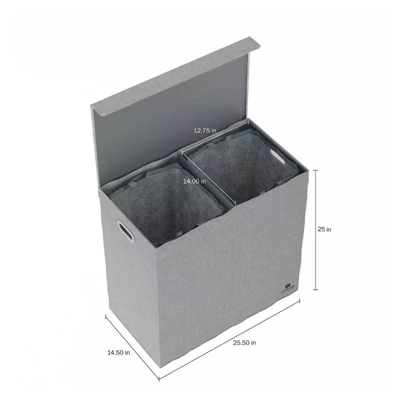 Hastings Home Collapsible Double Laundry Hamper / 2-Section Clothing Sorter With Removable Lid and Mesh Liner Bags - 25.5 x 14.5, Gray